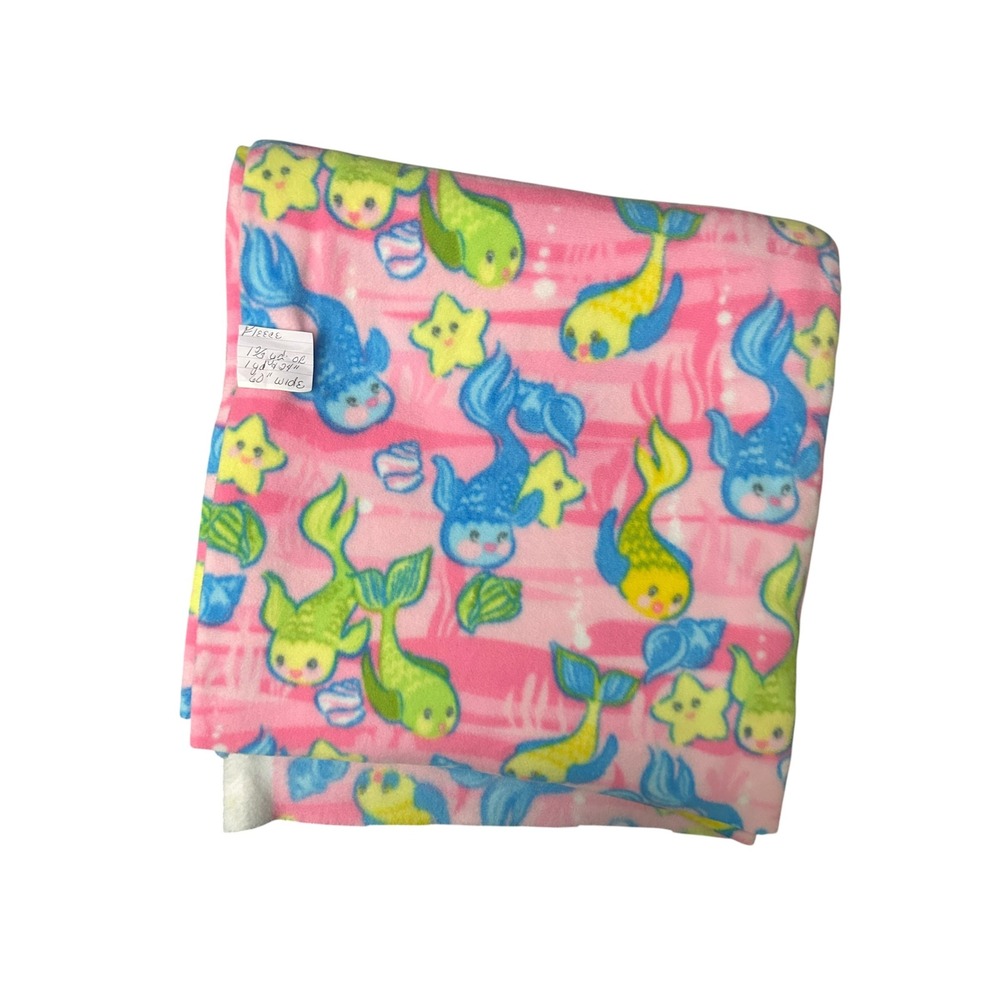 Baum Textile Mills Pink & Blue Fish Mermaid Fleece Fabric Cut (1 2/3 Yards)
